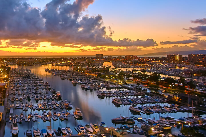 Sunset over the boat slips of Marina del Rey